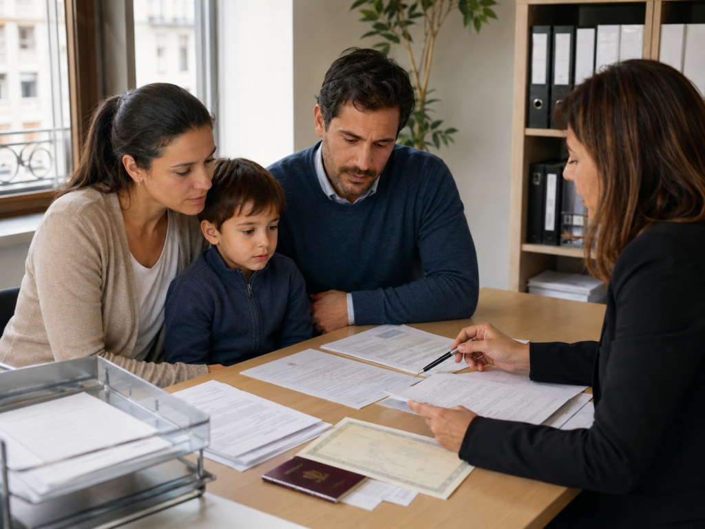 Familia extranjera revisando documentos para arraigo familiar en España