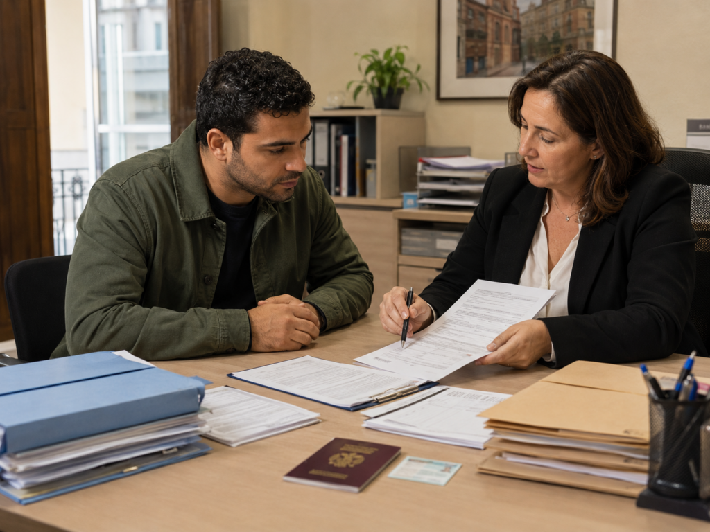 Documentos para pedir arraigo en España 2026 organizados en una oficina